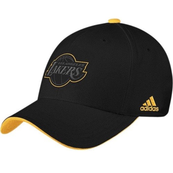 LOS ANGELES LAKERS Basketball Adidas Flexible Fit Hat Cap BLACK ON BLACK L/XL - Picture 1 of 9